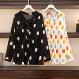 150Kg Plus Size Women's Bust 150 Summer Loose V-Neck Long-Sleeved Polka Dot Sunscreen Shirt Black Apricot 5XL 6XL - Livefree