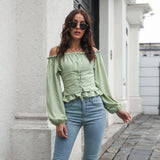 Front Tie Back Elastic Lantern Sleeves Word Collar Waist Short Top Women Long Sleeved Chiffon Shirt - Livefree