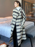 Women Woolen Coat Striped Elegant Simple Style New Lapel Long Sleeve Loose Fit Fashion Trend Autumn Winter - Livefree