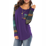 Autumn New Casual Long Sleeved Round Neck Loose Pocket Stitching Top Contrast Color Plus Size Women's T-Shirt - Livefree