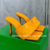 Silver Laser Woven Leather Woman Slipper Summer New Square Toe Thin High Heel Party Holiday Mule Designer One Strap Shoe Woman - Livefree