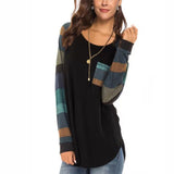 Autumn New Casual Long Sleeved Round Neck Loose Pocket Stitching Top Contrast Color Plus Size Women's T-Shirt - Livefree