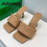 Silver Laser Woven Leather Woman Slipper Summer New Square Toe Thin High Heel Party Holiday Mule Designer One Strap Shoe Woman - Livefree