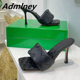 Silver Laser Woven Leather Woman Slipper Summer New Square Toe Thin High Heel Party Holiday Mule Designer One Strap Shoe Woman - Livefree