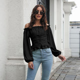 Front Tie Back Elastic Lantern Sleeves Word Collar Waist Short Top Women Long Sleeved Chiffon Shirt - Livefree
