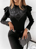 Long Sleeve Round Neck Lace Decorative Solid Color Bottoming Shirt Women