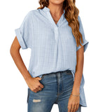 Women's V-Neck Short Sleeve Solid Color Thin Loose Check Shirt - Livefree