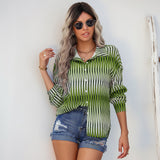 Early Autumn New Cardigan Top Women's Lapel Long-Sleeved Striped Shirt
