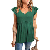 Spring Summer Ribbed Ruffle Sleeve V-Neck Babydoll Short Sleeve Design Casual Top - Livefree