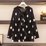 150Kg Plus Size Women's Bust 150 Summer Loose V-Neck Long-Sleeved Polka Dot Sunscreen Shirt Black Apricot 5XL 6XL - Livefree