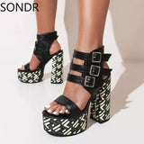 Womens Platform Peep Toe Belt Buckle Sandals Cut Out Super 15CM High Heel Shoes Summer Sexy Gladiator Punk Plus New - Livefree
