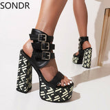 Womens Platform Peep Toe Belt Buckle Sandals Cut Out Super 15CM High Heel Shoes Summer Sexy Gladiator Punk Plus New - Livefree