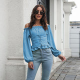 Front Tie Back Elastic Lantern Sleeves Word Collar Waist Short Top Women Long Sleeved Chiffon Shirt - Livefree