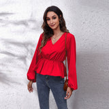 Lantern Sleeve Chiffon Shirt Solid Color Waist V-Neck Long Sleeved Women New Style - Livefree