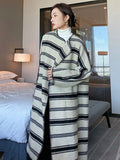 Women Woolen Coat Striped Elegant Simple Style New Lapel Long Sleeve Loose Fit Fashion Trend Autumn Winter - Livefree