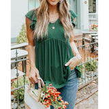 Spring Summer Ribbed Ruffle Sleeve V-Neck Babydoll Short Sleeve Design Casual Top - Livefree