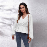 Lantern Sleeve Chiffon Shirt Solid Color Waist V-Neck Long Sleeved Women New Style - Livefree