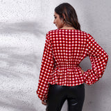 Plaid Print Waist V Neck Lantern Sleeve Elegant Blouse New For Women - Livefree
