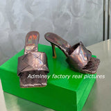 Silver Laser Woven Leather Woman Slipper Summer New Square Toe Thin High Heel Party Holiday Mule Designer One Strap Shoe Woman - Livefree