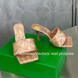 Silver Laser Woven Leather Woman Slipper Summer New Square Toe Thin High Heel Party Holiday Mule Designer One Strap Shoe Woman - Livefree