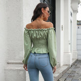 Front Tie Back Elastic Lantern Sleeves Word Collar Waist Short Top Women Long Sleeved Chiffon Shirt - Livefree