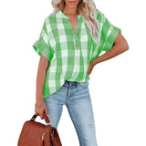 Spring And Summer New Plaid Short Sleeved Shirt Printing V Neck Loose Casual Top For Women - Livefree