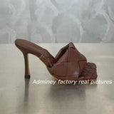 Silver Laser Woven Leather Woman Slipper Summer New Square Toe Thin High Heel Party Holiday Mule Designer One Strap Shoe Woman - Livefree
