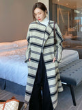Women Woolen Coat Striped Elegant Simple Style New Lapel Long Sleeve Loose Fit Fashion Trend Autumn Winter - Livefree