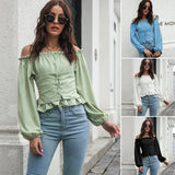 Front Tie Back Elastic Lantern Sleeves Word Collar Waist Short Top Women Long Sleeved Chiffon Shirt - Livefree