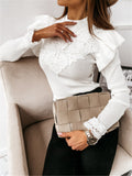 Long Sleeve Round Neck Lace Decorative Solid Color Bottoming Shirt Women