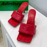 Silver Laser Woven Leather Woman Slipper Summer New Square Toe Thin High Heel Party Holiday Mule Designer One Strap Shoe Woman - Livefree