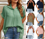 Women's V-Neck Short Sleeve Solid Color Thin Loose Check Shirt - Livefree