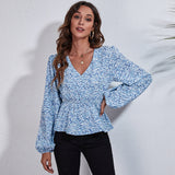 Plaid Print Waist V Neck Lantern Sleeve Elegant Blouse New For Women - Livefree