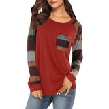 Autumn New Casual Long Sleeved Round Neck Loose Pocket Stitching Top Contrast Color Plus Size Women's T-Shirt - Livefree