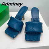 Silver Laser Woven Leather Woman Slipper Summer New Square Toe Thin High Heel Party Holiday Mule Designer One Strap Shoe Woman - Livefree