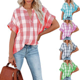 Spring And Summer New Plaid Short Sleeved Shirt Printing V Neck Loose Casual Top For Women - Livefree