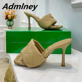 Silver Laser Woven Leather Woman Slipper Summer New Square Toe Thin High Heel Party Holiday Mule Designer One Strap Shoe Woman - Livefree