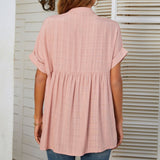 Women's V-Neck Short Sleeve Solid Color Thin Loose Check Shirt - Livefree