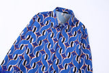 Autumn New Fashion Retro Style Lapel Blue Printing Wool Cuff Shirt Women - Livefree