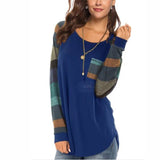 Autumn New Casual Long Sleeved Round Neck Loose Pocket Stitching Top Contrast Color Plus Size Women's T-Shirt - Livefree