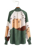 Summer Women Loose Shirt Traf Shirring Trim Scenery Print Raglan Sleeve Casual Blouses Female Chic Oversized Tops - Livefree