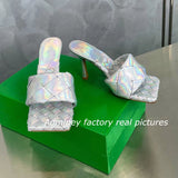 Silver Laser Woven Leather Woman Slipper Summer New Square Toe Thin High Heel Party Holiday Mule Designer One Strap Shoe Woman - Livefree
