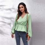 Lantern Sleeve Chiffon Shirt Solid Color Waist V-Neck Long Sleeved Women New Style - Livefree