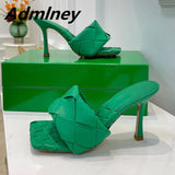 Silver Laser Woven Leather Woman Slipper Summer New Square Toe Thin High Heel Party Holiday Mule Designer One Strap Shoe Woman - Livefree