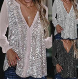 Casual sequined V-neck long-sleeved loose chiffon shirt for women - Livefree