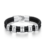 JewelOra Personalized Engraved Family Name Beads Bracelets Black Braided Leather Stainless Steel Bracelets for Men Fathers - Livefree