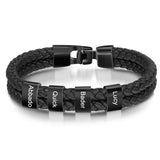 JewelOra Personalized Engraved Family Name Beads Bracelets Black Braided Leather Stainless Steel Bracelets for Men Fathers - Livefree