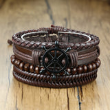 Vnox 4Pcs/ Set Braided Wrap Leather Bracelets for Men Vintage Life Tree Rudder Charm Wood Beads Ethnic Tribal Wristbands - Livefree