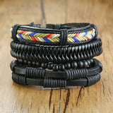 Vnox 4Pcs/ Set Braided Wrap Leather Bracelets for Men Vintage Life Tree Rudder Charm Wood Beads Ethnic Tribal Wristbands - Livefree