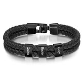 JewelOra Personalized Engraved Family Name Beads Bracelets Black Braided Leather Stainless Steel Bracelets for Men Fathers - Livefree